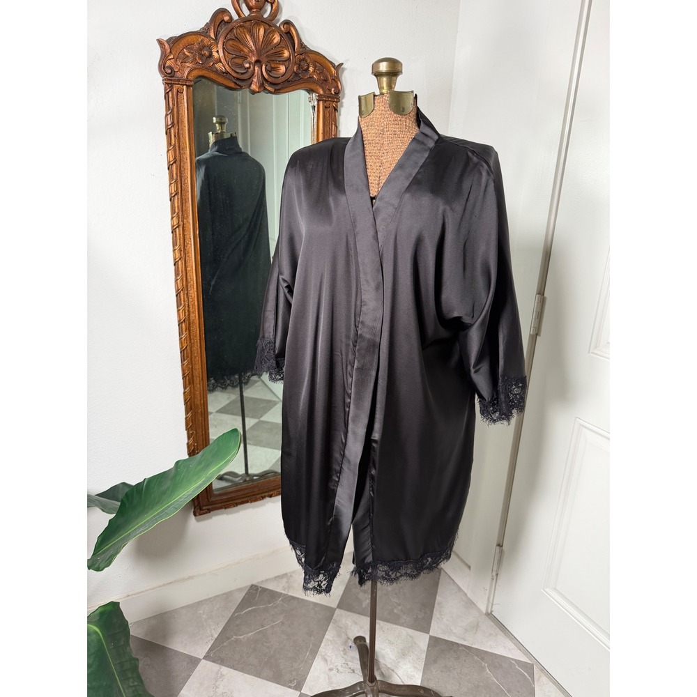 Hotouch Black Satin Lace Trim Robe Kimono Sleepwear Loungewear XS